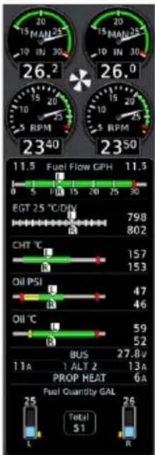 26.2 26.0 23 40 23 50 11.5 Fuel Flow GPH 11.3 0 5 10 15 20 25 30 EGT 25 °C/D/V 798 802 CHT °C 157 153 Oil PSI 47 46 Oil °C 59 52 BUS 27.8V 11A 1 ALT 2 13a PROP HEAT 6a Fuel Quantity GAL 25 L 76 R Total 51