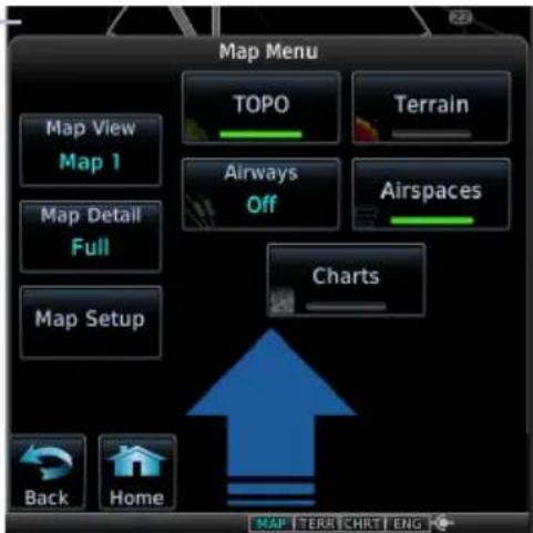 Map Menu Map View Map 1 Map Detail Full Map Setup TOPO Airways Off Airspaces Charts Back Home Terrain MAP TERR CHRT ENG
