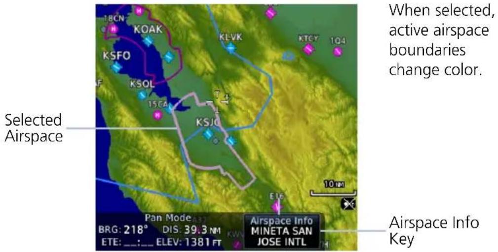 18CN KOAK KSFO KLVK KTCY 104 15CA KSOL Selected Airspace When selected, active airspace boundaries change color. 10 nm E16 Airspace Info Mineta San JOSE INTL Airspace Info Key Pan Mode A37 BRG: 218° DIS: 39.3 NM ETE: : ELEV: 1381 FT