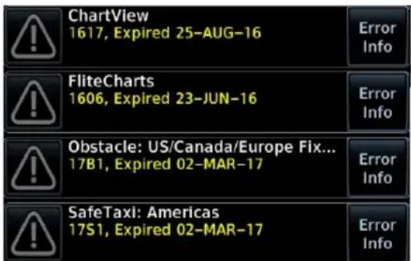 ChartView 1617, Expired 25-AUG-16 Error Info FliteCharts 1606, Expired 23-JUN-16 Error Info Obstacle: US/Canada/Europe Fix... 17B1, Expired 02-MAR-17 Error Info SafeTaxi: Americas 17S1, Expired 02-MAR-17 Error Info
