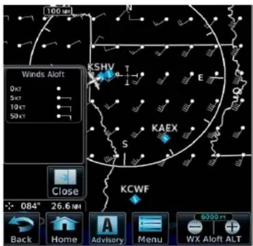 100 N Winds Aloft 0KT 5KT 10KT 50KT KSHV E KAEX S KCWF Close - 084° 26.6 NM Back Home Advisory Menu WX Aloft ALT