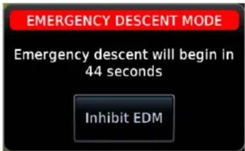 EMERGENCY DESCENT MODE Emergency descent will begin in 44 seconds Inhibit EDM