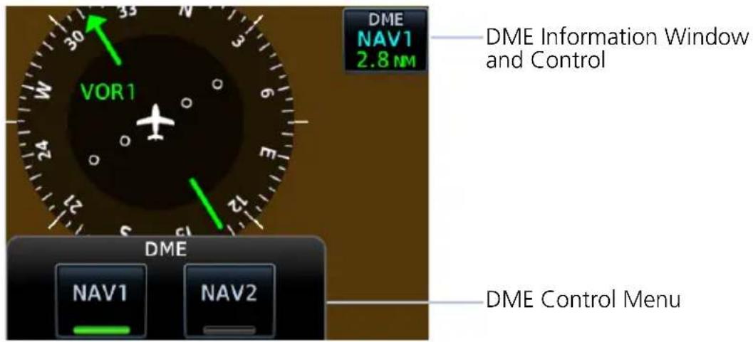 DME NAV1 2.8 NM VOR1 DME Information Window and Control DME NAV1 NAV2 DME Control Menu