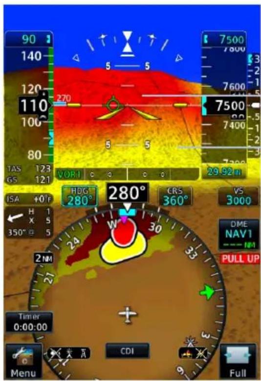 90 140 120 110 100 80 TAS 123 GS 121 VOR1 7500 7600 7500 7400 7300 29.92 m HDG 280° CRS 360° VS 3000 DME NAV1 PULL UP 2 NM 24 30 33 27 21 Turner 0:00:00 Menu CDI Full