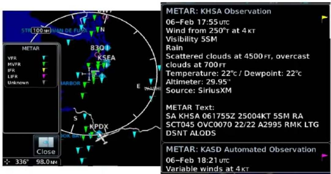 METAR: KHSA Observation 06-Feb 17:55 UTC Wind from 250°T at 4 KT Visibility 5SM Rain Scattered clouds at 4500 FT, overcast clouds at 700 FT Temperature: 22°C / Dewpoint: 22°C Altimeter: 29.95" Source: SiriusXM METAR Text: SA KHSA 061755Z 25004KT 5SM RA SCT045 OVC0070 22/22 A2995 RMK LTG DSNT ALQDS METAR: KASD Automated Observation 06-Feb 18:21 UTC Variable winds at 4 KT