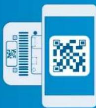 Mobile app interface showing QR code scanning and a smartphone displaying a data packet icon