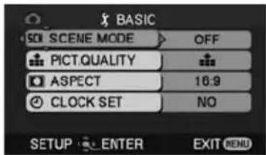 BASIC SOI SCENE MODE OFF PICT.QUALITY ASPECT 18:9 CLOCK SET NO SETUP ENTER EXIT MENU