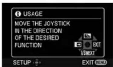 I USAGE MOVE THE JOYSTICK IN THE DIRECTION OF THE DESIRED FUNCTION EXIT 1/3NEXT SETUP EXIT MENU