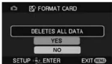 FORMAT CARD DELETES ALL DATA YES NO SETUP ENTER EXIT MENU