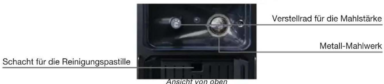 Verstellrad für die Mahlstärke Metall-Mahlwerk Schacht für die Reinigungspastille Ansicht von oben
