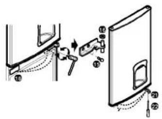 Technical diagram showing a door lock mechanism with numbered components and dashed lines indicating assembly or repair.