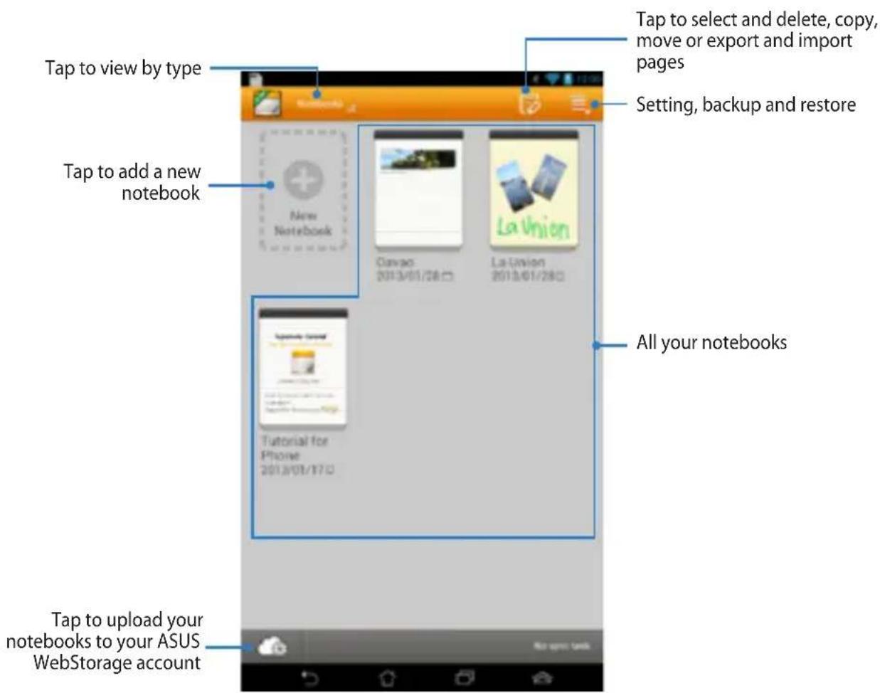 Tap to view by type Tap to add a new notebook Tap to select and delete, copy, move or export and import pages Setting, backup and restore All your notebooks Tap to upload your notebooks to your ASUS WebStorage account