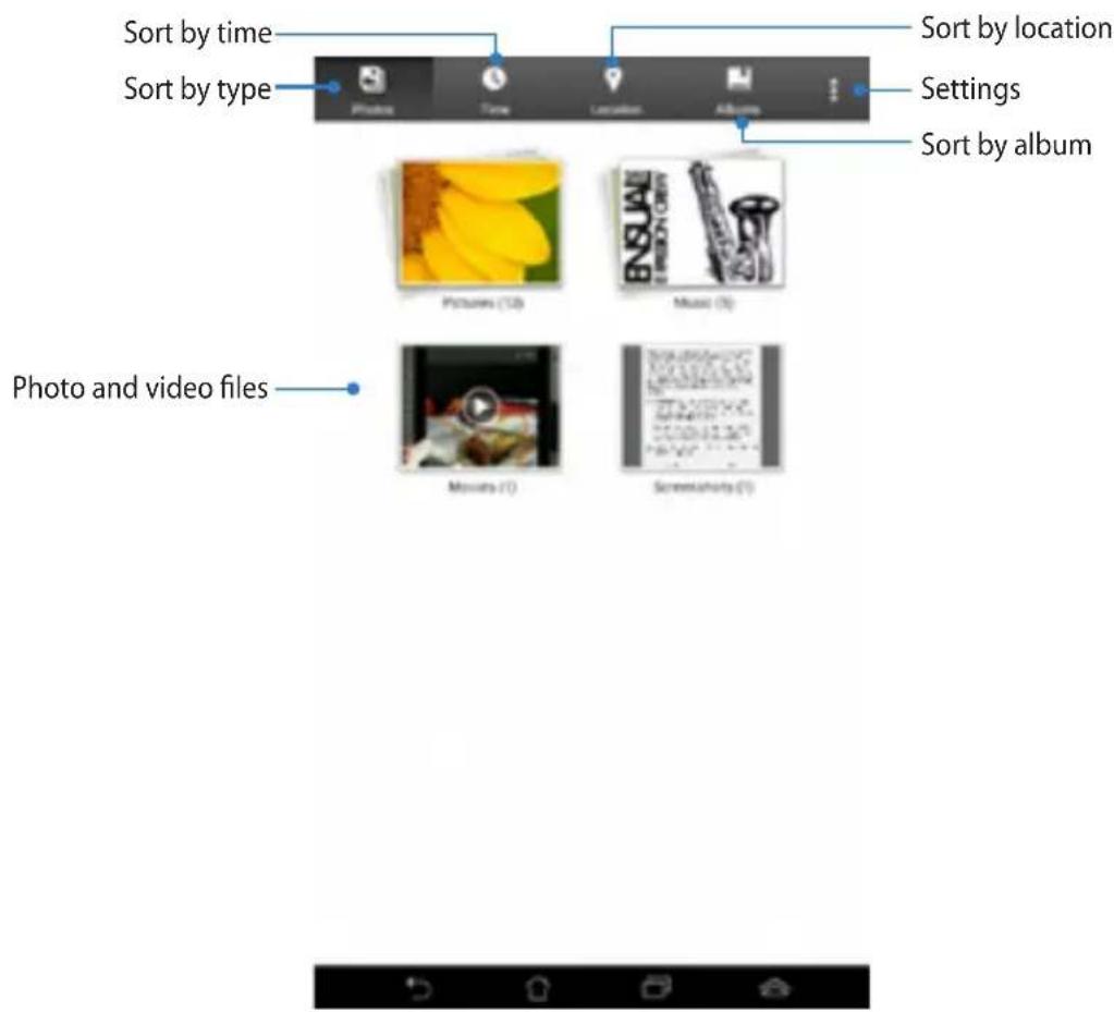 Sort by time Sort by type Sort by location Settings Sort by album Photo and video files