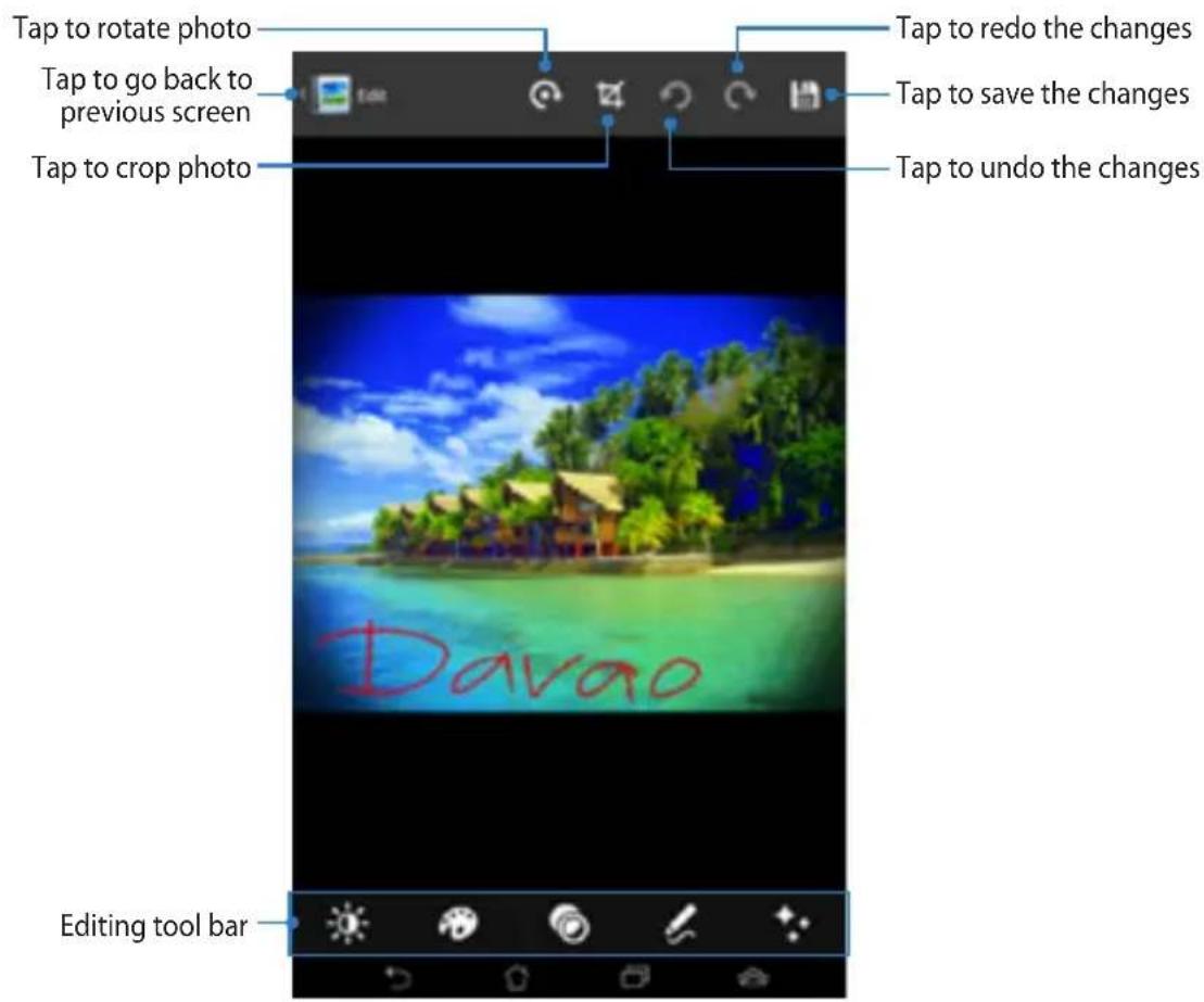 Tap to rotate photo Tap to go back to previous screen Tap to crop photo Tap to redo the changes Tap to save the changes Tap to undo the changes Davao Editing tool bar