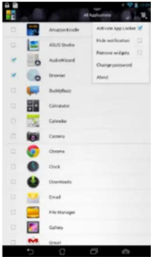 All Applications Amazon Kindle Add rate App Locker Hide notification Remove widgets Change password About AGUS Studio AudioWizard Browser Buddybezz Calculator Calendar Camera Chrome Clock Downloads Email File Manager Gallery Gmail