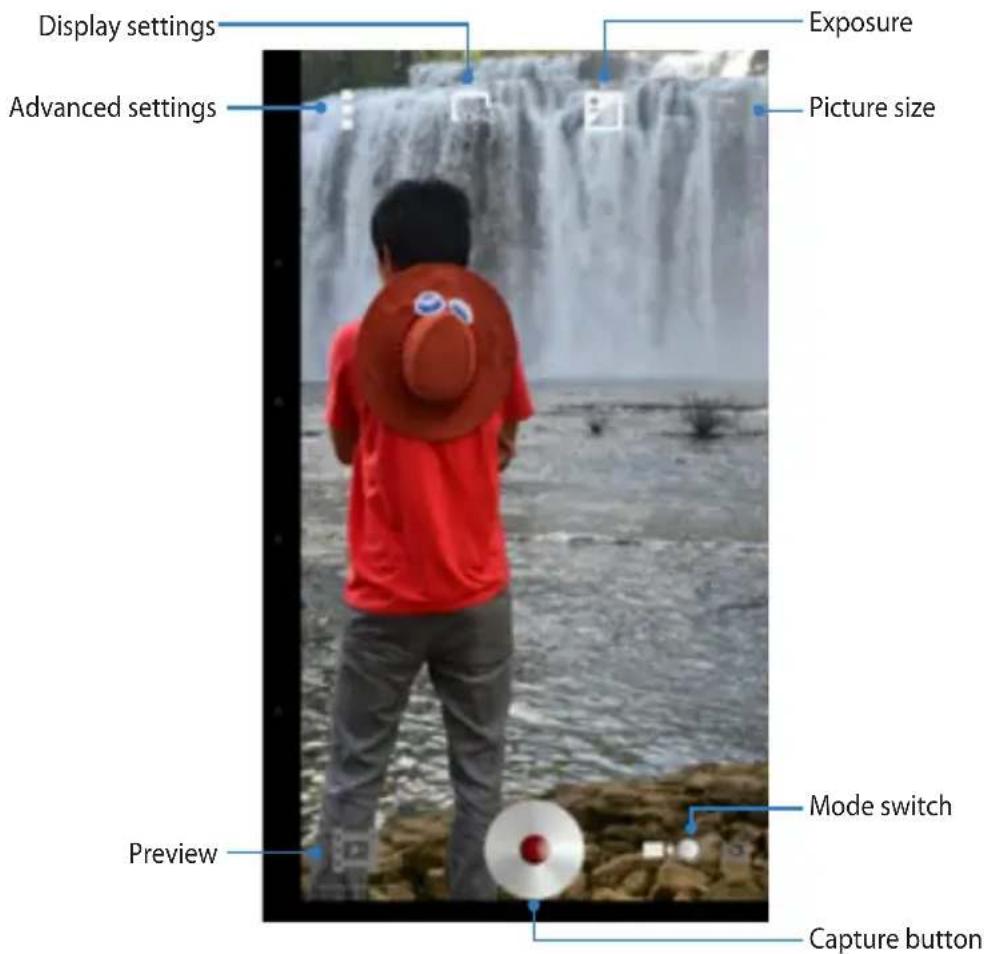 Display settings Advanced settings Exposure Picture size Preview Mode switch Capture button