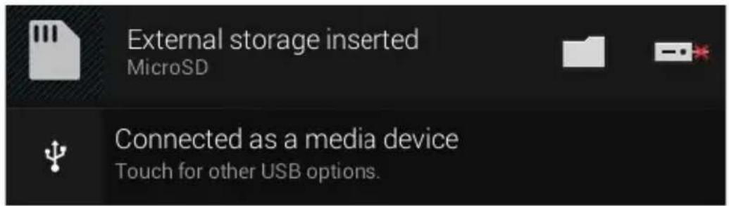 External storage inserted MicroSD Connected as a media device Touch for other USB options.