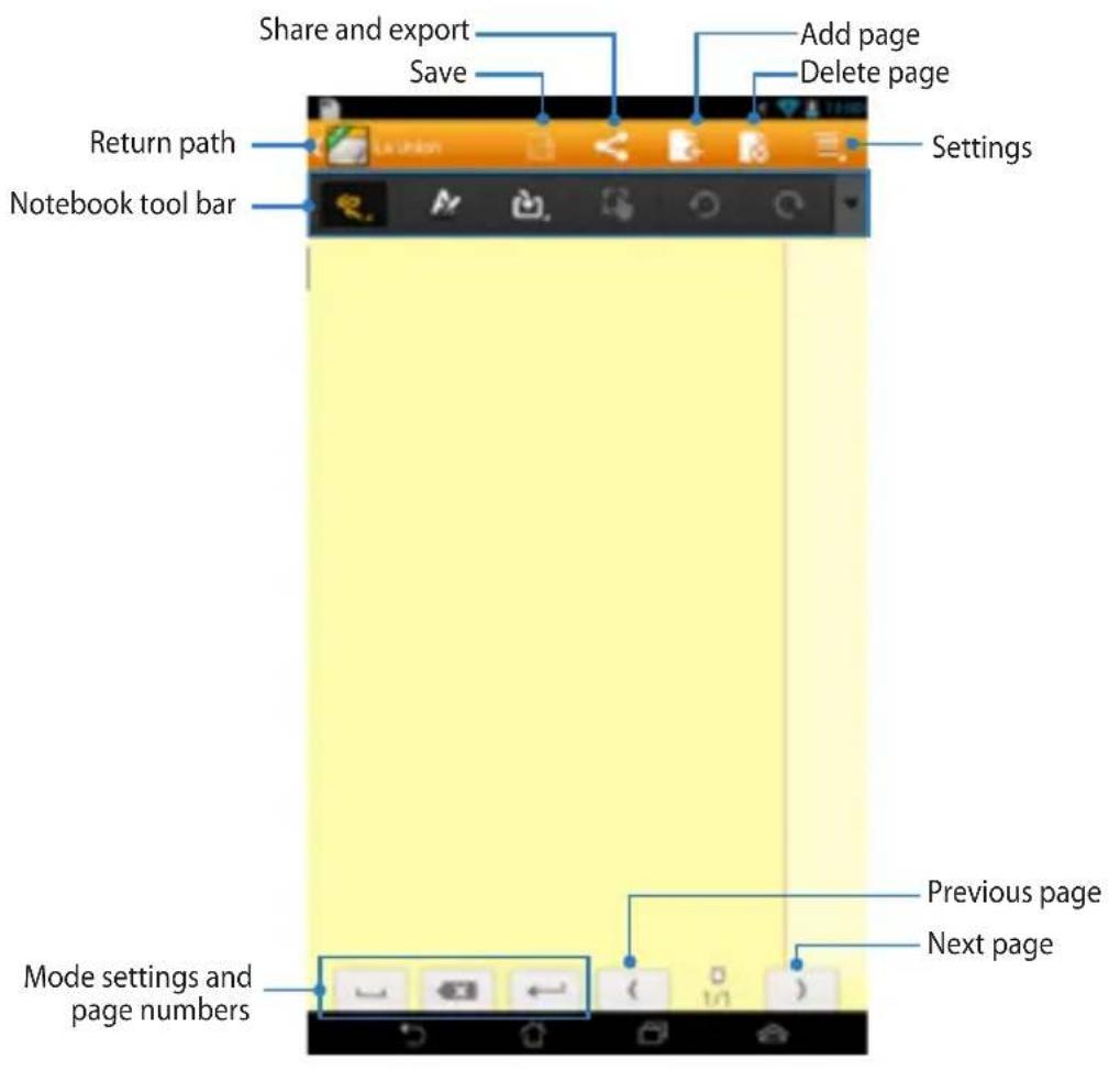 Share and export Save Add page Delete page Settings Return path Notebook tool bar Previous page Next page Mode settings and page numbers