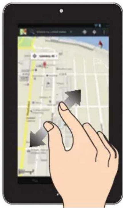 Illustration of a hand interacting with a tablet displaying a map interface with directional arrows and location markers