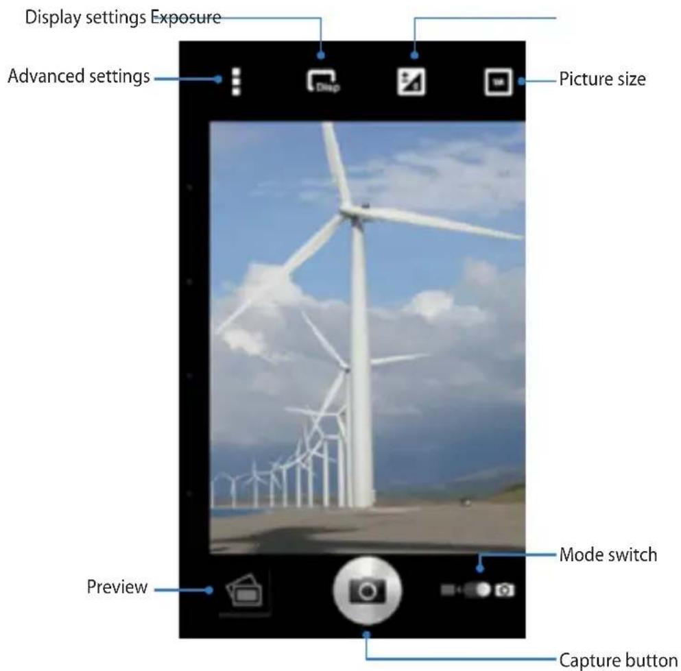 Display settings Exposure Advanced settings Picture size Preview Mode switch Capture button