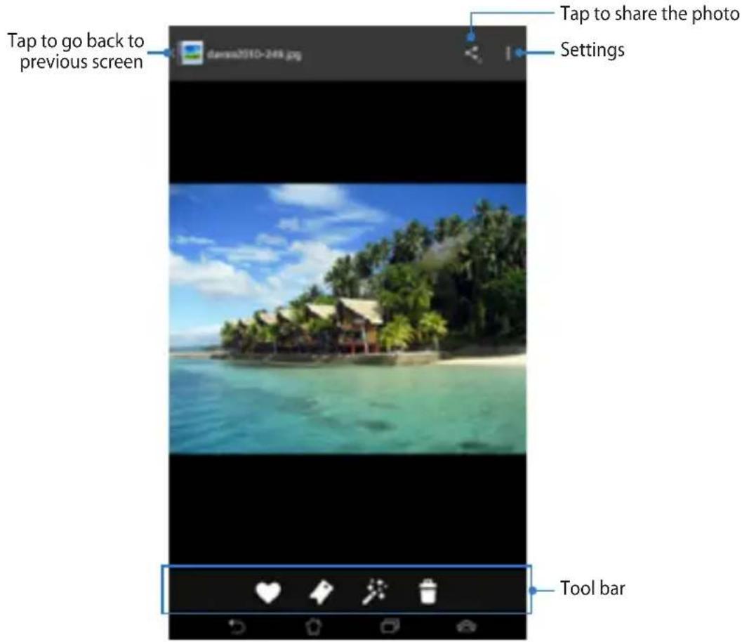 Tap to go back to previous screen Tap to share the photo Settings Tool bar