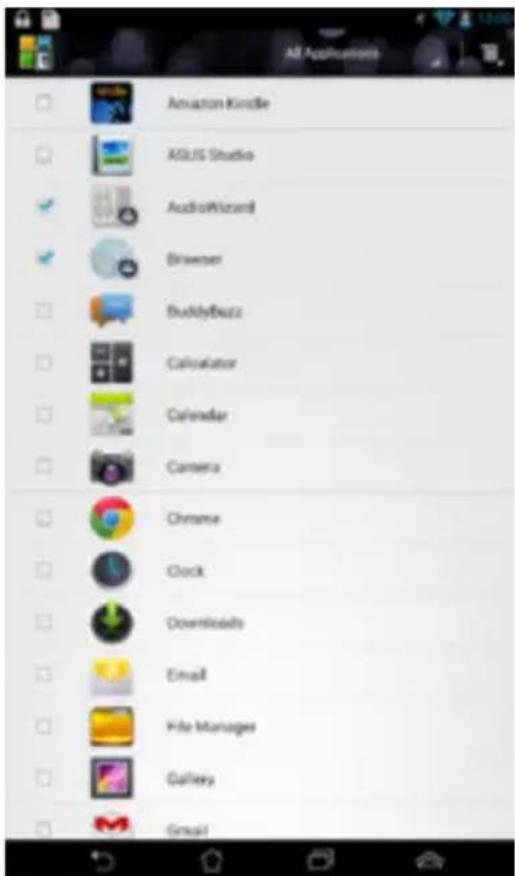 All Applications Amazon Kindle ASUS Studio AudioWizard Browser BuddyBuzz Calculator Calendar Camera Chrome Clock Downloads Email File Manager Gallery Gmail