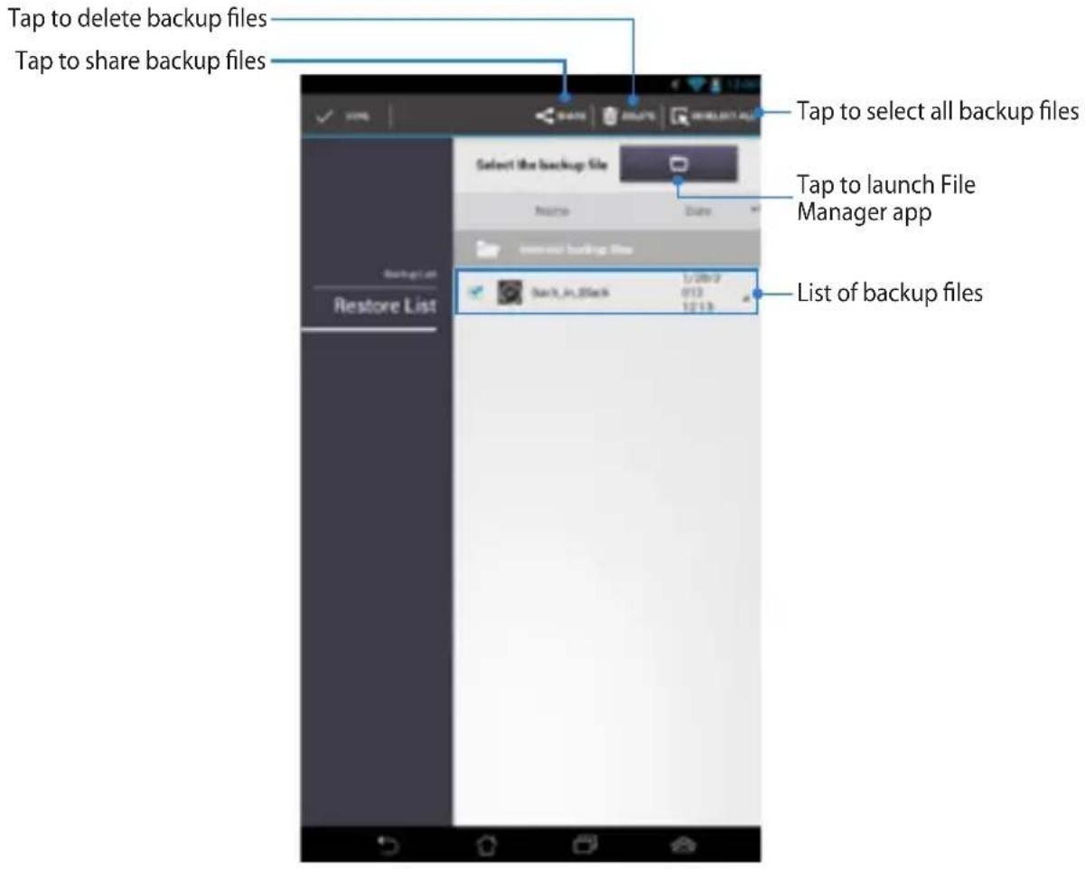 Tap to delete backup files Tap to share backup files Tap to select all backup files Tap to launch File Manager app List of backup files Restore List Save List 1/28/07 013 12:13