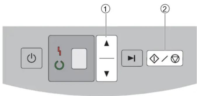 Control panel interface with labeled buttons and icons, including power, switch, battery, and display symbols