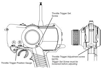 Throttle Trigger Set Screw A B Throttle Trigger Position Gauge Throttle Trigger Adjustment screw NOTE: Trigger Set Screw must be lossened before adjusting