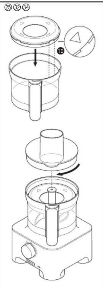 Technical diagram showing three-step assembly of a kitchen appliance with labeled parts and directional arrows indicating process flow.