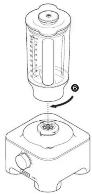 Technical diagram of a blender with labeled parts and a numbered step indicator