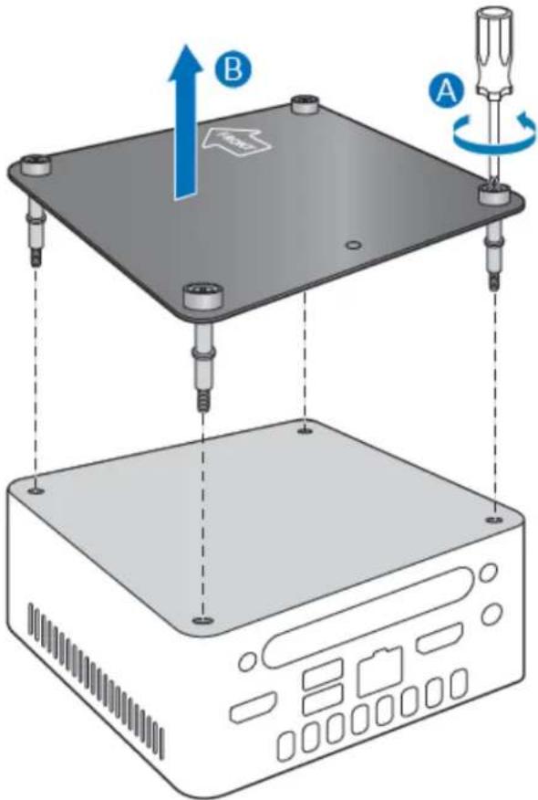 Diagram showing a device with labeled components and directional arrows, including a monitor base and screwdriver head.