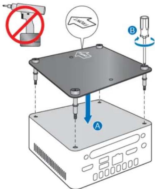 Diagram illustrating a device with labeled components and a prohibition symbol, showing mechanical assembly and movement arrows.
