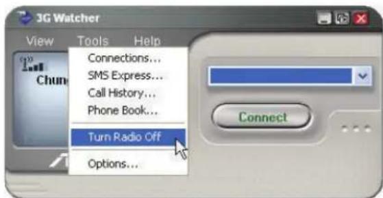 3G Watcher View Tools Help Connections... SMS Express... Call History... Phone Book... Turn Radio Off Options...