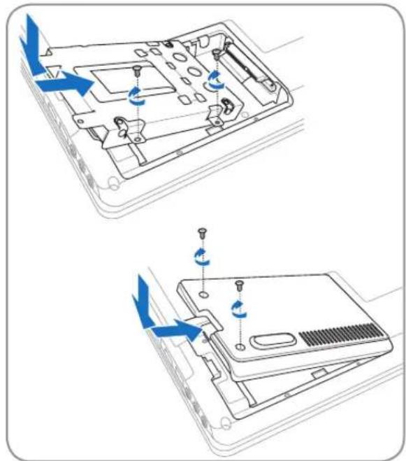 Diagram showing two views of a laptop's rear panel with blue arrows indicating motion or adjustment, likely illustrating battery status or ventilation.
