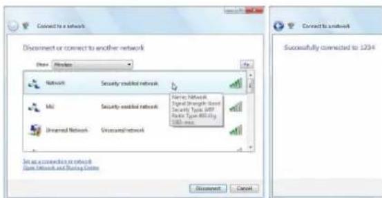 Connected to a network Document or connect to another network Show: Windows Network Securey based network Name: Network Signal Strength Based Security Type: SRF Data Type: RISU-01g SRSU max MCI Securey based network Universal Network Universal network Set as connected to network Start Networks and Sharing Centers Document Cancel Correct to a network Successfully connected to 1234