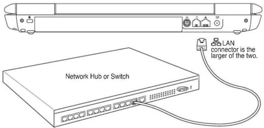 Network Hub or Switch LAN connector is the larger of the two.