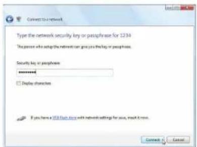 Connect to a network Type the network security key or passphrase for 1234 The person who setup the network can give you the key or passphrase. Security key or passphrase ****** □ Display character If you have a URL then now with network settings for use, read text. Connect Cancel