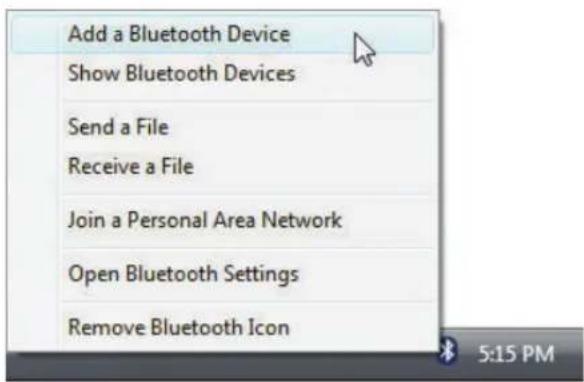 Add a Bluetooth Device Show Bluetooth Devices Send a File Receive a File Join a Personal Area Network Open Bluetooth Settings Remove Bluetooth Icon 5:15 PM