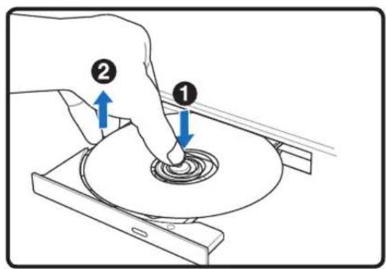 Diagram showing a hand using a tool to press a disc, labeled with numbers 1 and 2 indicating different states or components.