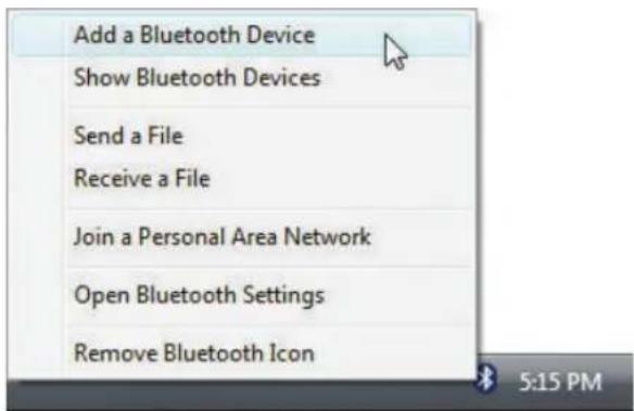 Add a Bluetooth Device Show Bluetooth Devices Send a File Receive a File Join a Personal Area Network Open Bluetooth Settings Remove Bluetooth Icon 5:15 PM