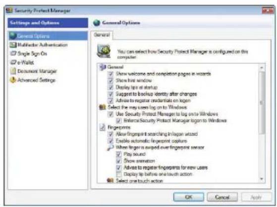 Security Protect Manager Settings and Options General Options Multifactor Authentication Single Sign On e-Wallet Detourant Manager Advanced Settings General You can select how Security Protect Manager is configured on this computer. General Show welcome and completion pages in wizards Show first window Display lips at startup Suggest to backup identity after changes Advertise to register credentials on logon Select the key users log on to Windows Use Security Protect Manager to log on to Windows Enhance Security Protect Manager logon to Windows Fingerprints Allow fingerprint searching in logon wizard Enable automatic fingerprint capture When finger is swamped over fingerprint sensor Play sound Show animation Advertise to register fingerprints for new users Display up before one touch action Select one touch action OK Cancel Apply