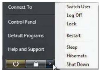 Connect To Control Panel Default Programs Help and Support Switch User Log Off Lock Restart Sleep Hibernate Shut Down