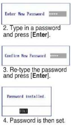 Enter New Password **** 2. Type in a password and press [Enter]. Confirm New Password **** 3. Re-type the password and press [Enter]. Password installed. OK1 4. Password is then set.