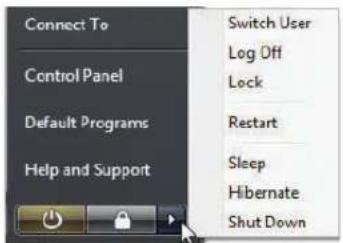 Connect To Control Panel Default Programs Help and Support Switch User Log Off Lock Restart Sleep Hibernate Shut Down