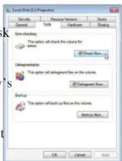 Local Disk (C:) Proportion Security Previous Versions Quote General Tools Hardware Helping Gron-checking This option will check the volume for errors ✓ Checks Now... Defragmentation: This option will defragment files on the volumes. ✓ Defragment Now... Backup This option will back up less on the volume. Backup Now... OK Cancel Apply