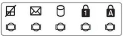 Set of nine icons including checkmark, email, pill, lock, and letter A, arranged in a grid.