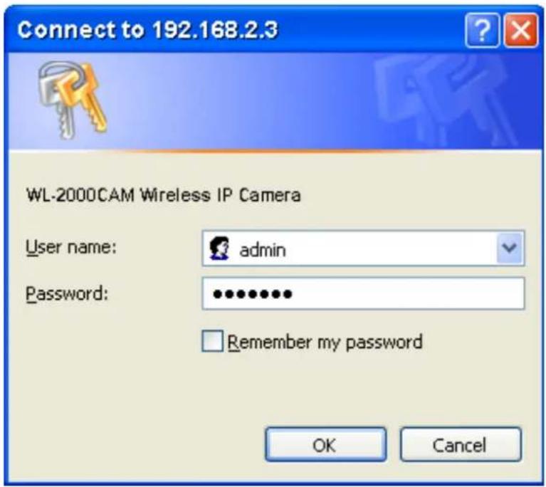 Connect to 192.168.2.3 WL-2000CAM Wireless IP Camera User name: admin Password: ********** Remember my password OK Cancel