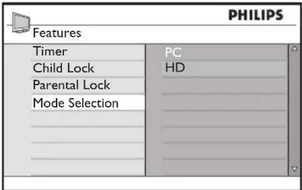 PHILIPS 52PFL7403 - The Features menu includes the Mode Selection option and the Format option. - 1