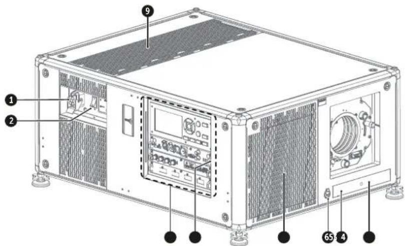 Technical diagram of a server rack with labeled components including front panel, control panel, and drive unit